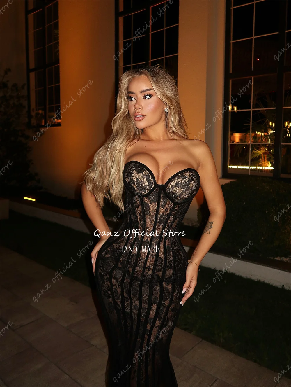 Qanz فساتين سهرة سوداء كاملة مزينة بالدانتيل على شكل قلب حورية البحر بدون ظهر فساتين حفلات للنساء حسب الطلب #5