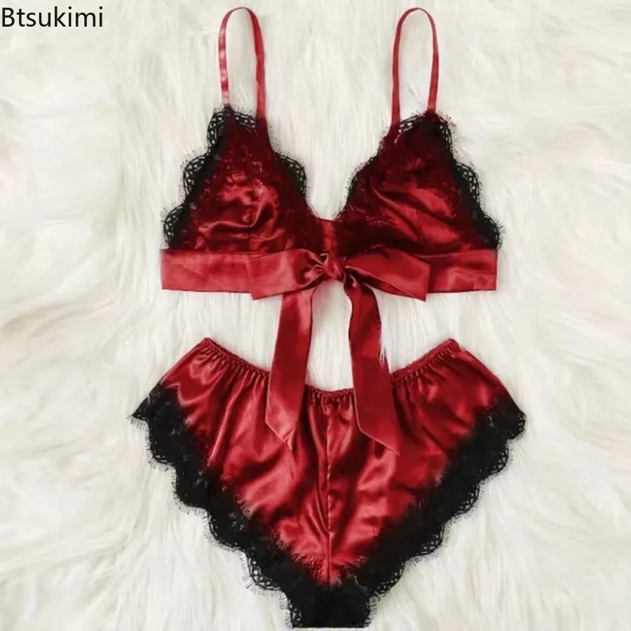 

2025 Women's Sexy Lingerie Suit Bow Knot Lace Up Lace Patchwork Sexy Contrast Color Two Piece Pajamas Set Sexy Underwear Lady