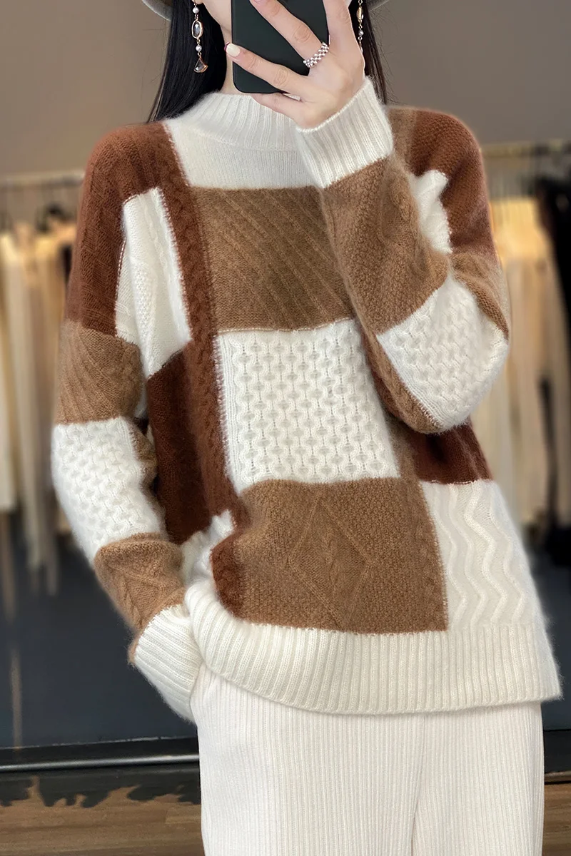 

Autumn and Winter New 100% Pure Wool Knitwear Round Neck Diamond Jacquard Pullover Loose and Lazy Style Thickened Bottom Shirt