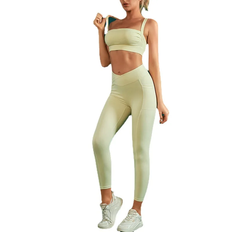 

2 Pcs Women Yoga Set Seamless Workout Outfits Yoga Sportswear Tracksuit Leggings Thin Shoulder Strap Stretch Sports Bra Fitn
