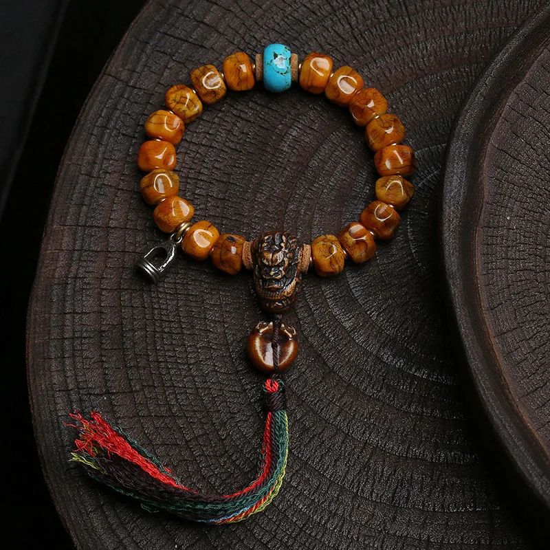 

Tibetan-Style Recycled Yak Bone Carved Bead Bracelet Single-Strand Prayer Beads Copper Clasp Turquoise Accessory Bracelet
