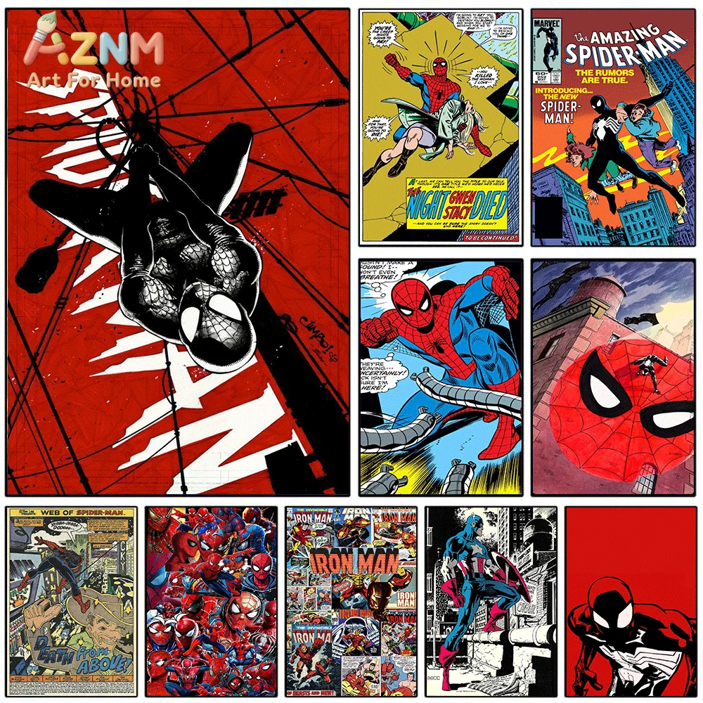 AZNM Black Suit Spiderman Upside‑Down Red Background Comic Canvas Wall Print, Vintage Superhero Symbiote Character Art Poster,