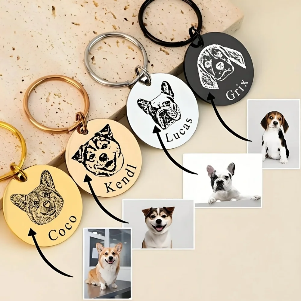 

Персонализированный брелок для ключей с фото питомца, маленький кулон с именем кошки или собаки, брелок из нержавеющей стали 316L, двусторонняя персонализация