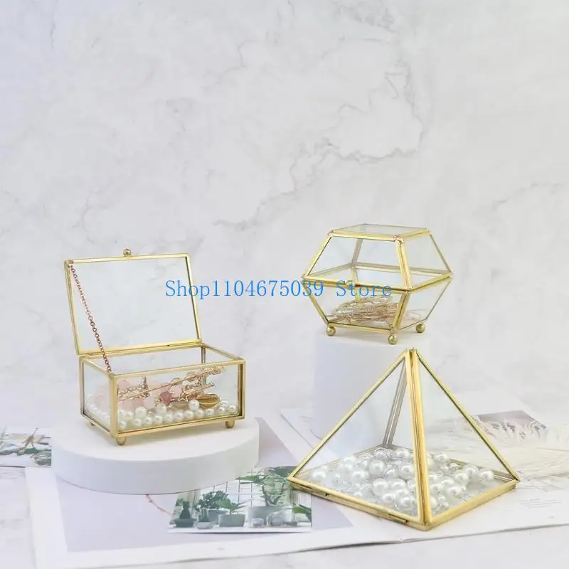 5asd Clear Glass Rectangular Metal Jewelry Box Decorative Slanted Top Lid Box