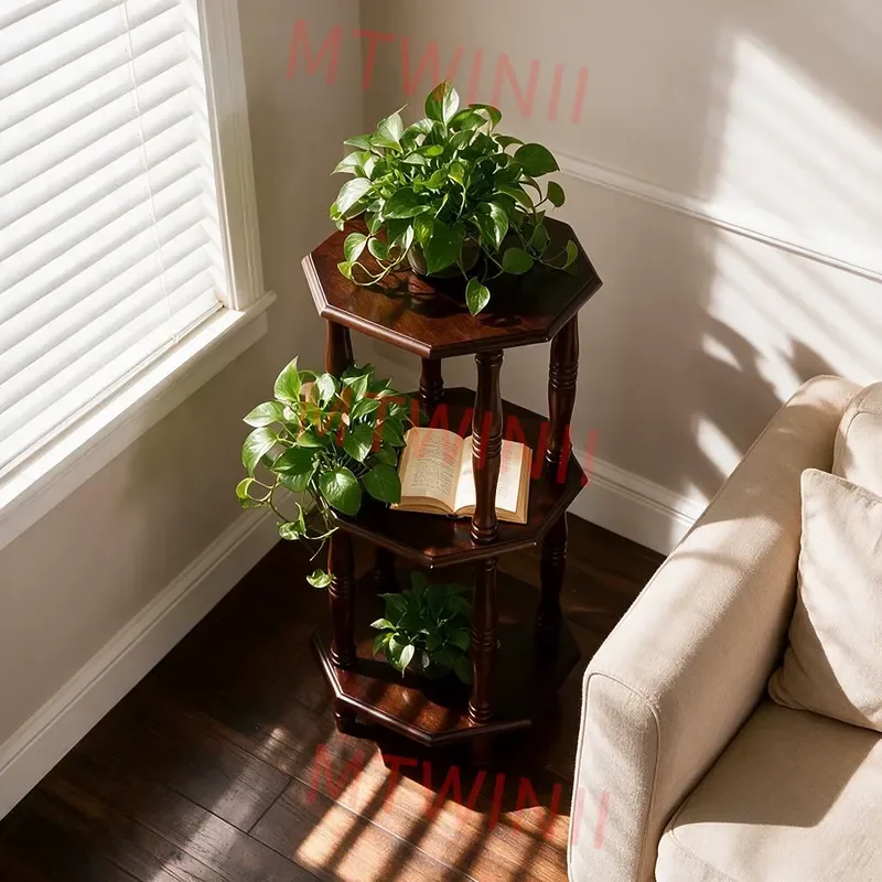 for Rustic Octagonal 3-Tier Plant Stand with Turned Legs Solid Wood Display Rack for Pots Compact Side Table for Bedroom
