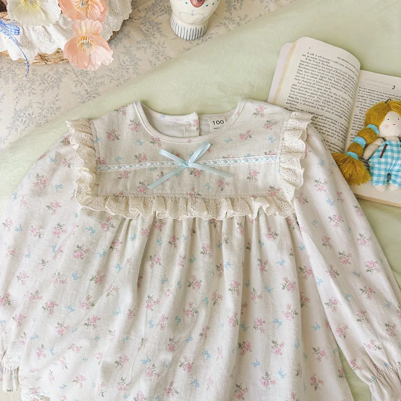 2026 Fall Korean Childrens Wear French Floral Ruffled Girls Dress Bow Knot Long Sleeve Kids Cake Skirt