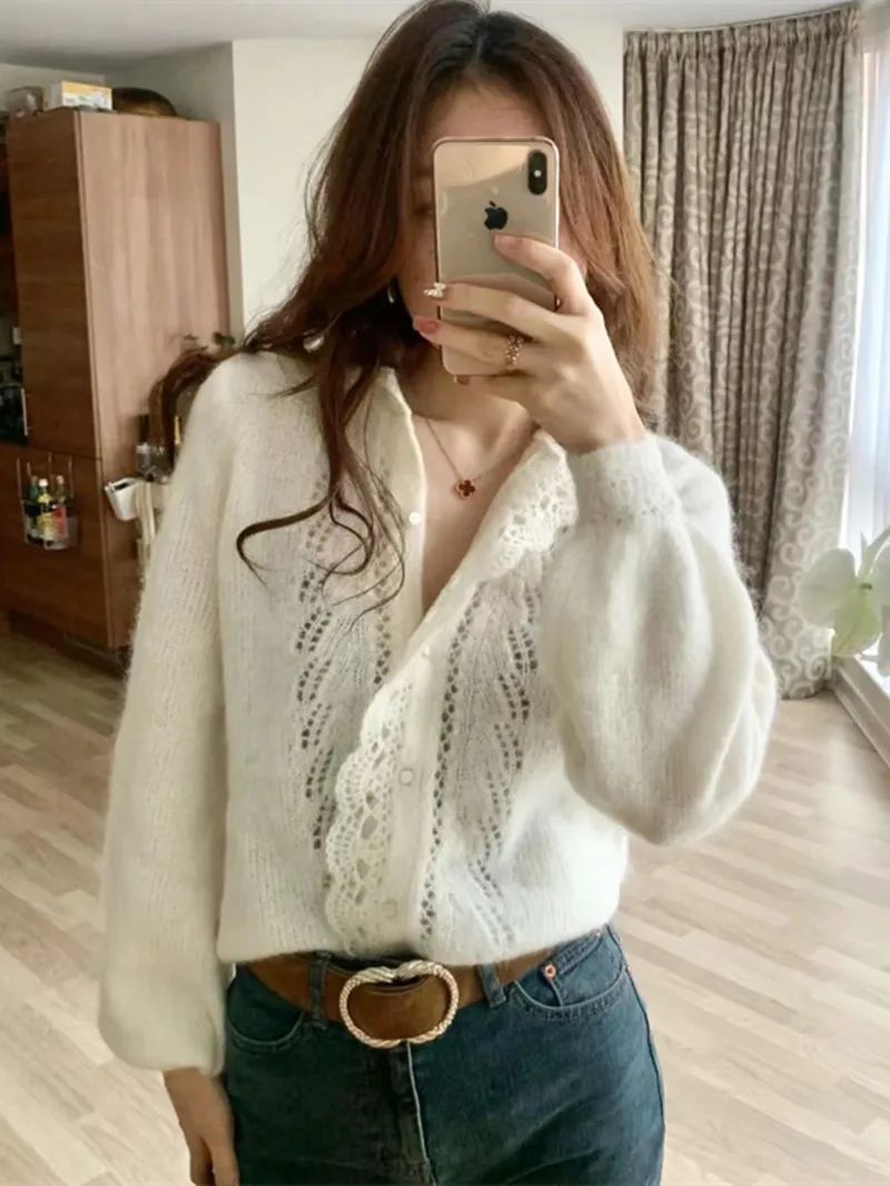 White Women Mohair Wool Sweater Hollow Out Lace Stitching Long Sleeve Female Casual Knitted Cardigan 2024 New