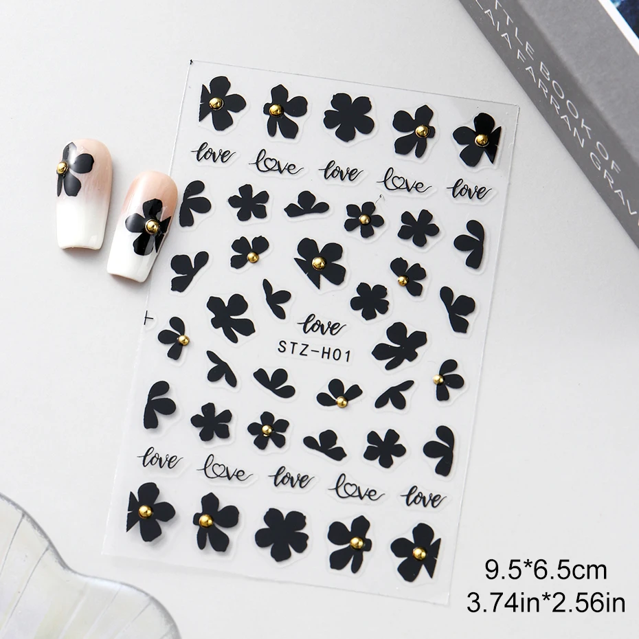 2 pezzi 3D fiore nero adesivi per unghie decalcomanie fiori semplici perline dorate nail art adesivo gel cursori lamina di tatuaggio decorazione manicure