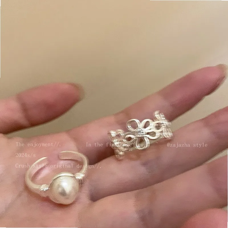 Pearl Flower Opening Ring for Women, Light Luxury Exaggerated Statement Ring, Unique Niche Design