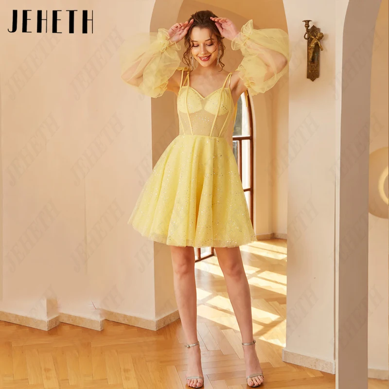 JEHETH-minivestido De fiesta De tul amarillo para mujer, mangas abullonadas desmontables, vestido De noche Vintage, línea A, lentejuelas, sin espalda minivestido De fiesta De tul amarillo para mujer, mangas abullonadas