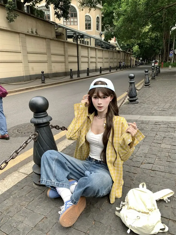 High Street Design Sense Niche Breathable Shirt Women's Yellow Plaid Sunscreen Jacket Top Men's and Women's Couples