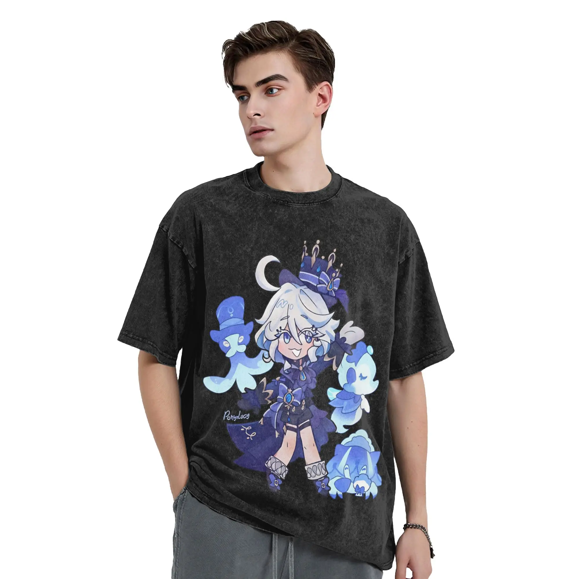 Furina T Shirts Hip Hop Washed Oversize T-Shirt Genshin Impact Game Vintage for Men Women Tops Streetwear Graphic Printed Tees