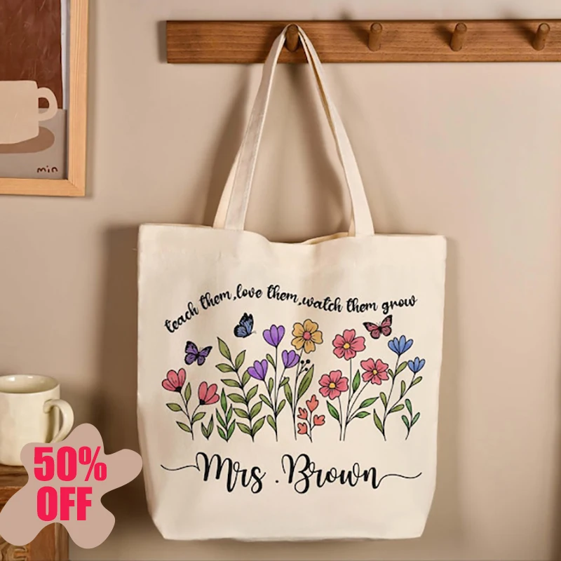 

Personalized Teacher Tote Bag Custom Teacher Gift Bag Flower Canvas Tote Back to School Teacher Life Tote Women Travel Handbag
