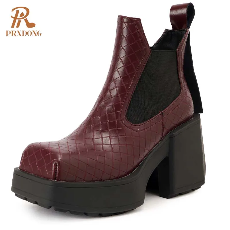 

PRXDONG New 2024 Brand Fashion Autumn Winter Warm Ankle Boots Chunky High Heels Platform Black Wine Red Punk Dress Casual Lady 8