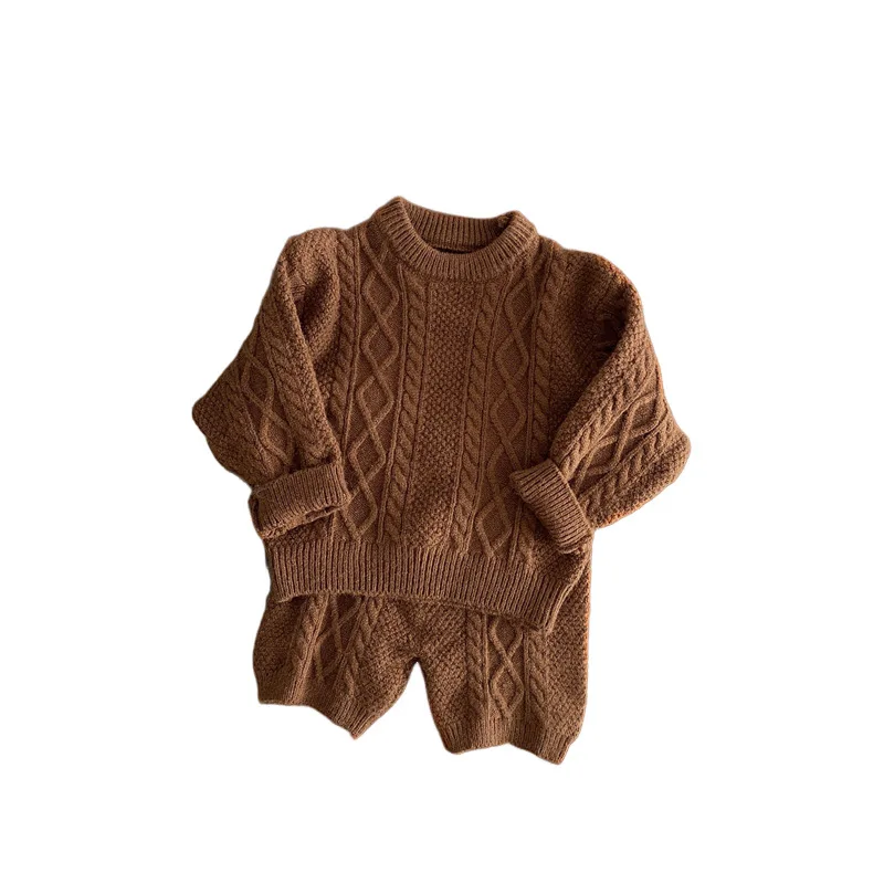 Autumn Winter Children Knitted Twist Sweater Set Kid Boy Girl Retro Casual Tops + Shorts 2pcs Baby Knitting Pullover Shirt Suit