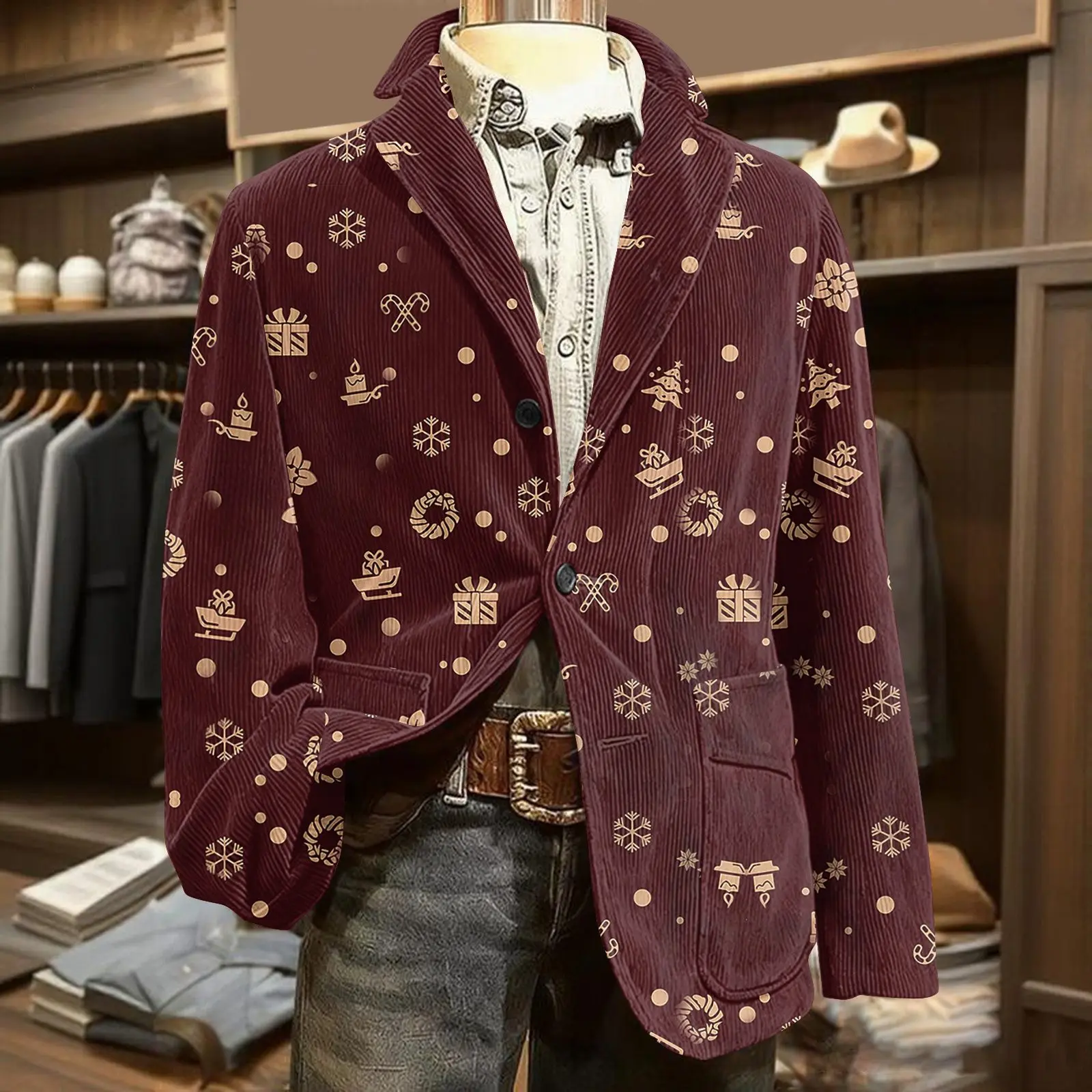 

Вельветовый пиджак с рождественским принтом, мужская теплая повседневная куртка с карманами, модная мужская одежда, стильный праздничный пиджак для отдыха, наряд