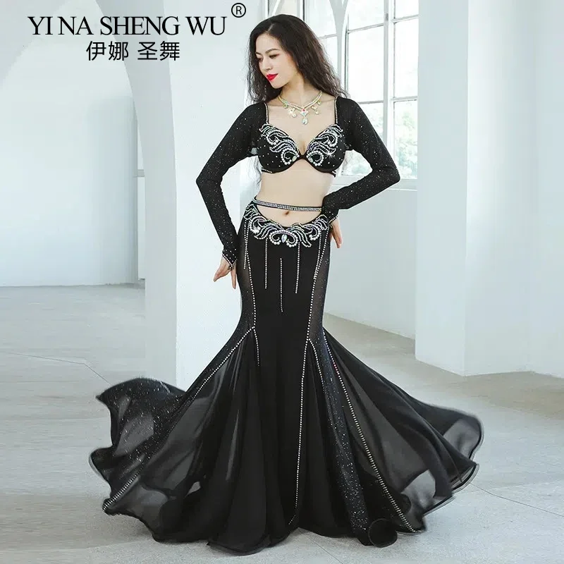 새로운 밸리 댄스 공연 의상 블랙 긴 소매 중공 피쉬 테일 스커트 여성 전문 경쟁 공연 댄스 세트
