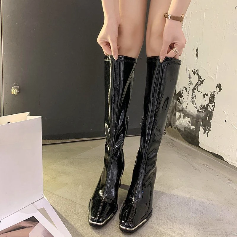 Black Very High Heel Footwear Square Toe Long Ladies Boots Shoes for Women Winter Knee Shaft Elastic 2024 Novelty Pu New in Boot