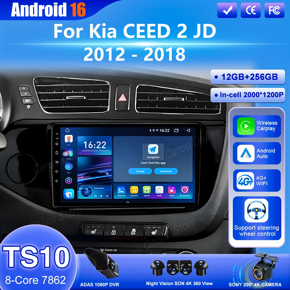 

Android 16 Auto Carplay For Kia CEED 2 JD 2012 -2018 Car Radio Stereo Multimidia Player GPS Bluetooth DSP Stereo QLED Screen 4G