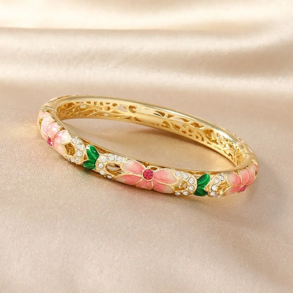 Enamel Chinese Cloisonne Bracelet Double Bangle Traditional Hollow Out Flower Bangle Chinese Vintage Women's Hand Bracelet