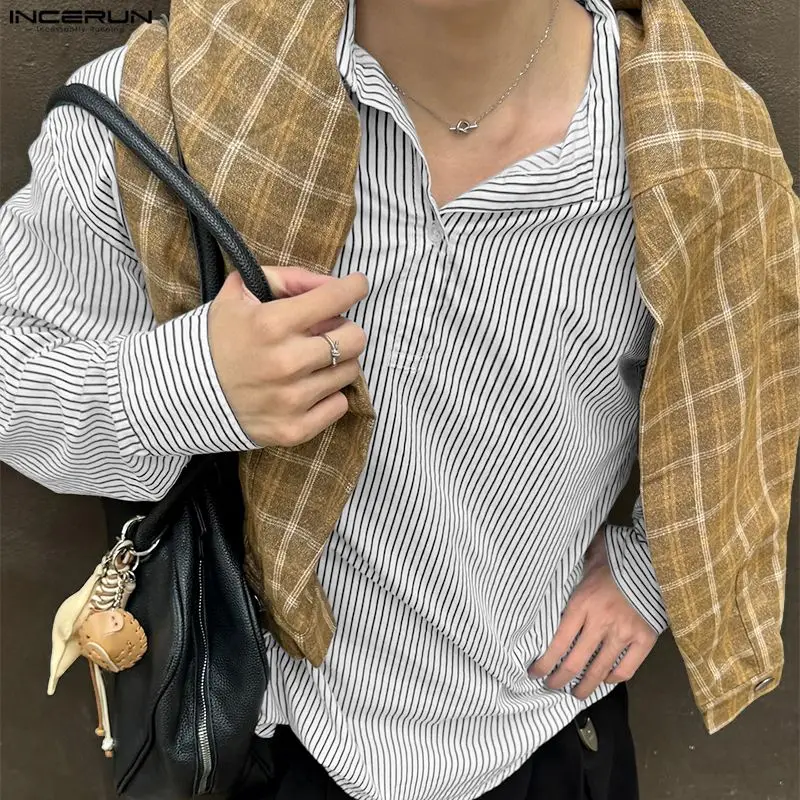 

INCERUN Men Striped Shirt Lapel Long Sleeve Loose Casual Men Clothing Streetwear 2026 Korean Style Fashion Tops Men Shirts S-5XL