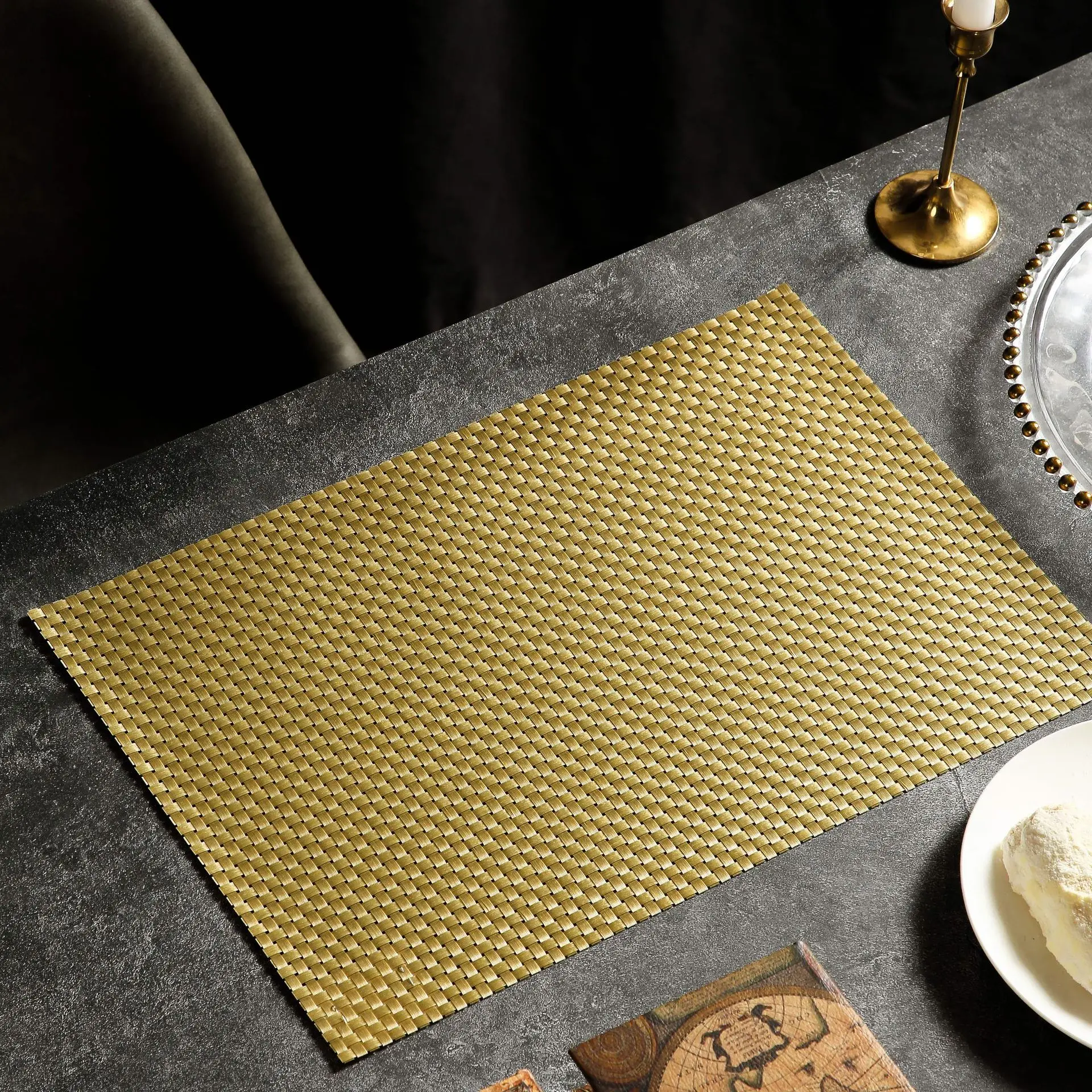 6/4pcs Lumière Nordique Rectangulaire de Luxe Tissé PVC Napperons Vintage anti-dérapant Domestique De Décoration D'isolation Thermique Tapis De Table