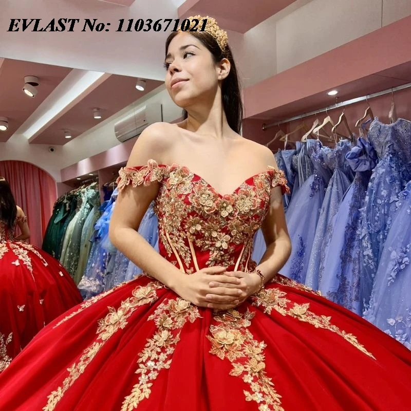 EVLAST-vestido De quinceañera rojo mexicano, vestido De baile dorado, apliques florales 3D, corsé con cuentas, dulce 16, 15 años, SQ135