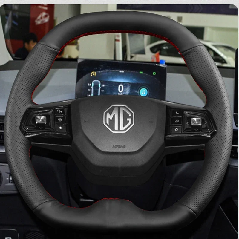 For MG 4 Mulan 2022 2023 DIY Hand-stitched Carbon Fibre Genuine Leather Suede Car Steering Wheel Cover Interior Accessories