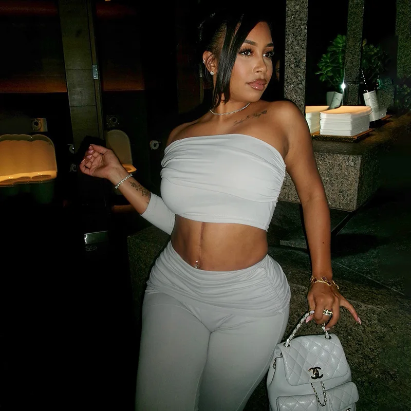 

Ruched Slim 2 Piece Set Tracksuits 2025 Autumn Women Sexy One Shoulder Long Sleeve Crop Tops + High Waist Skinny Capris Pants
