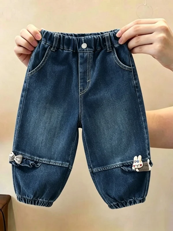 Girls' Casual Loose Jeans with Bowknot Wooden Ear Autumn Fashion Baby Girls' Outfit Cuffed Long Pants High Waist Asymmetric