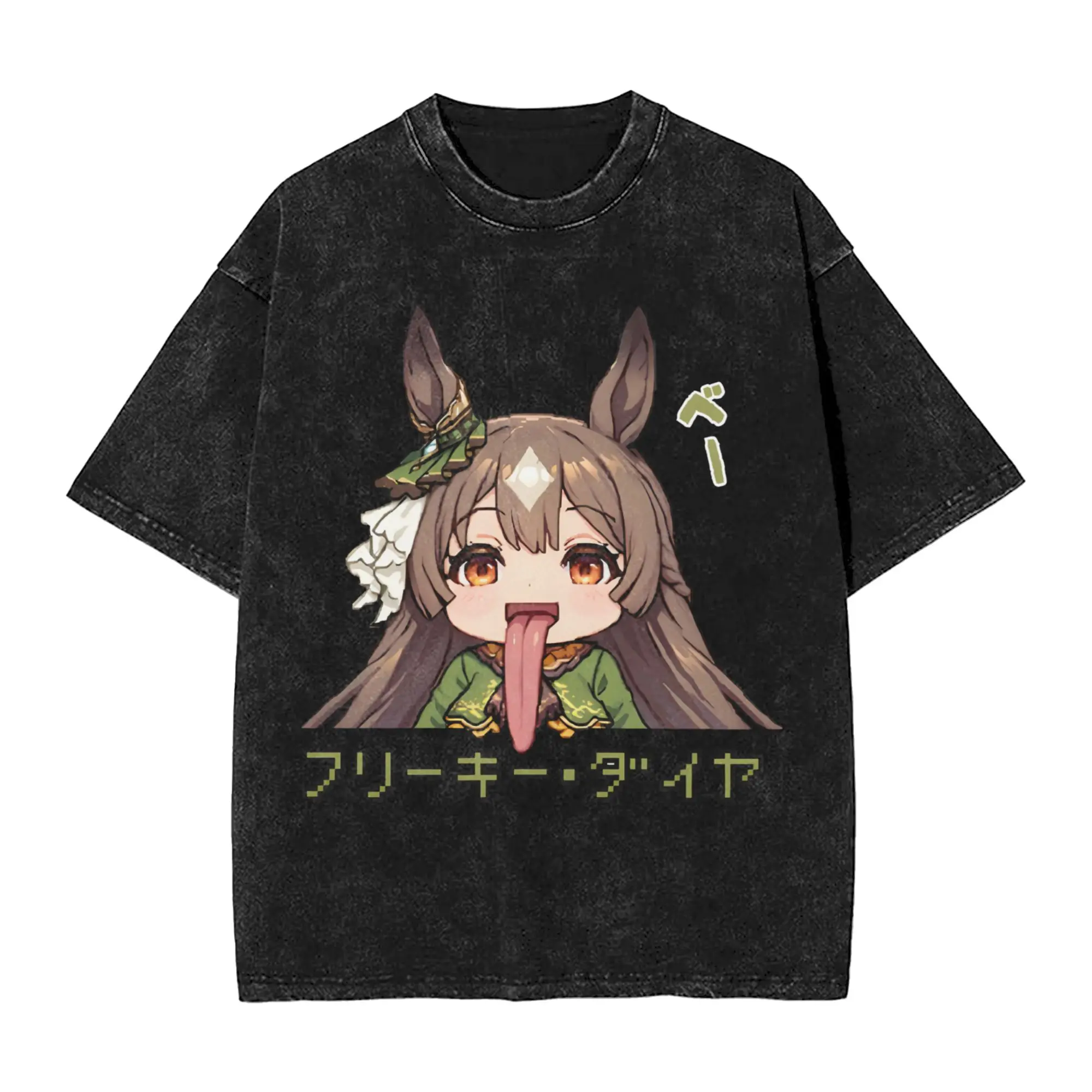 Freaky Satono Diamond Long Tongue Umamusume Washed T Shirts Streetwear Hip Hop Vintage T-Shirt Tee Shirt for Men Harajuku