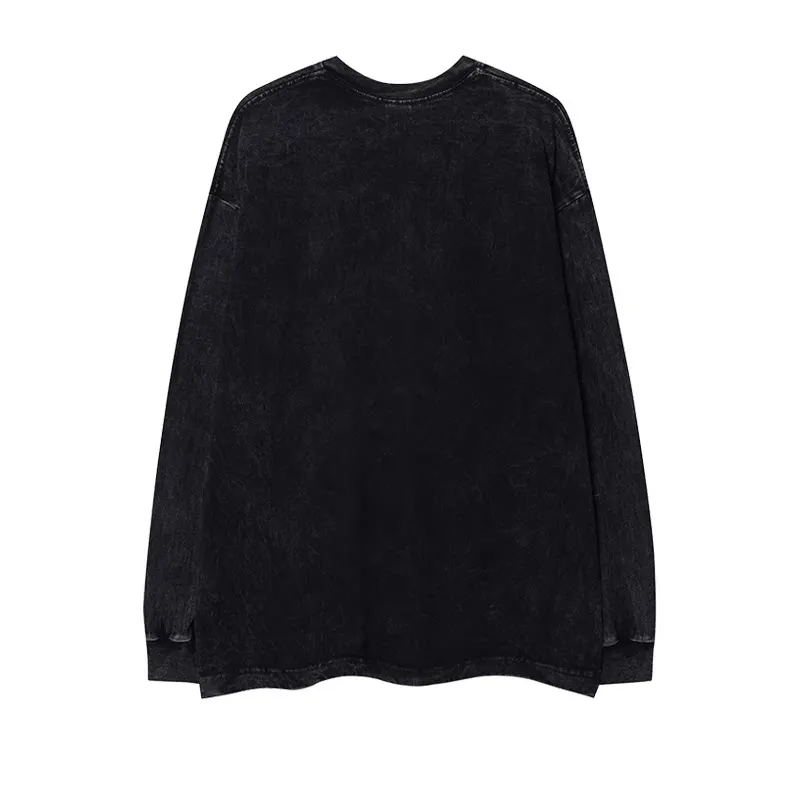 Spring and Autumn European and American Trend Dark Street Style Face Print Washed Vintage Men's Round Neck Long Sleeve T-Shirt