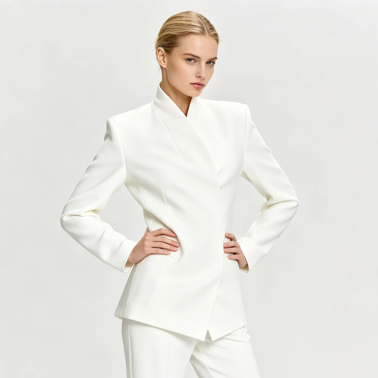 PUAL  2026 New White Stand V Neck Blazer Women Shoulder Pad Slim Fit  Elegant Formal Office Luxury Business Jacket