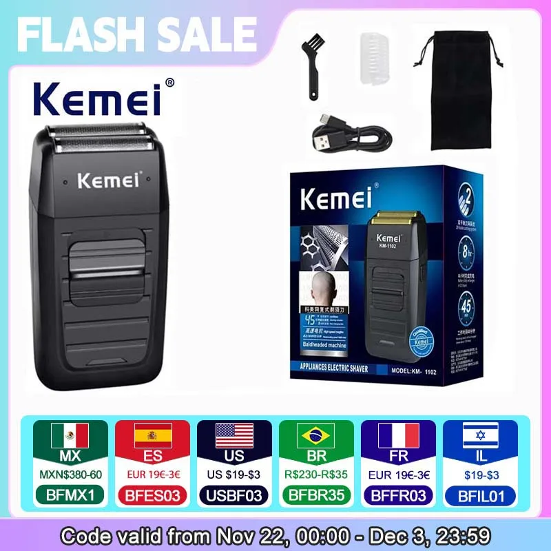 Kemei-1102 Rasoio a batteria ricaricabile per uomo Barba Rasoio Macchina Doppia lama Cura del viso Multifunzione Forte Trimmer