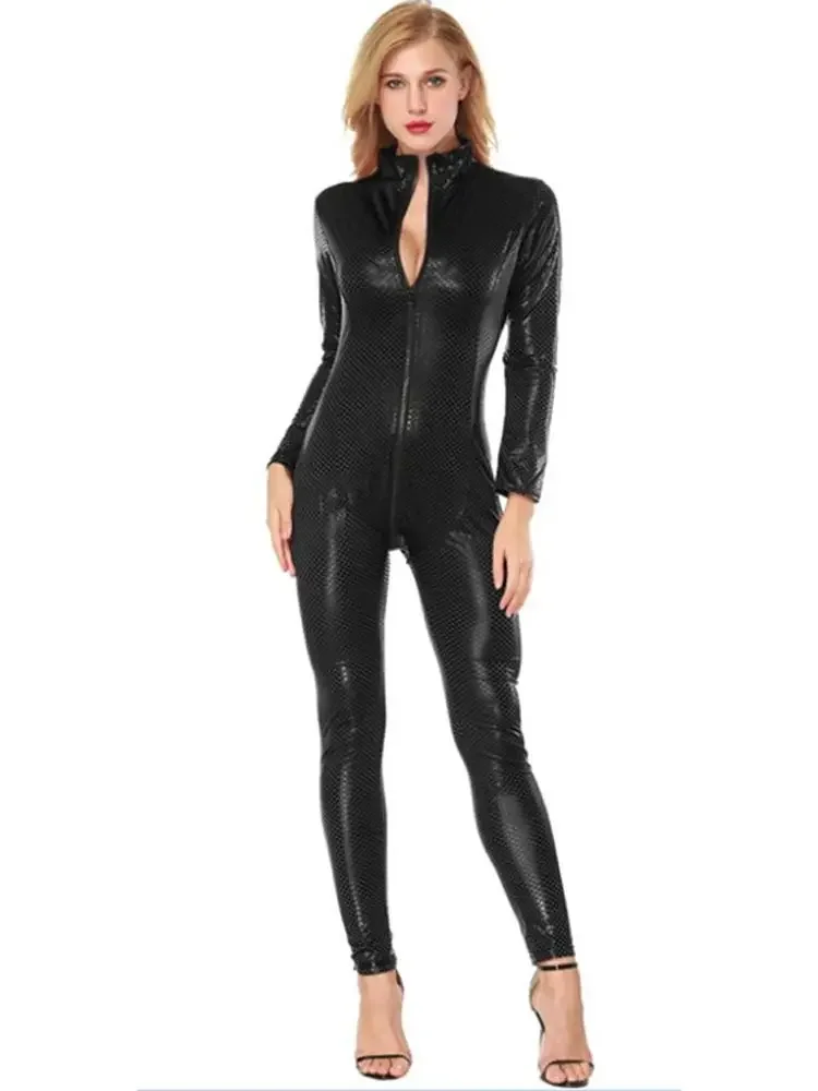 Unisex S-4XL Faux PU Leather Catsuit Long Sleeve Two Way Zipper Open Crotch Bodysuit Tights Sexy Leotard Conjoined Unitard Body