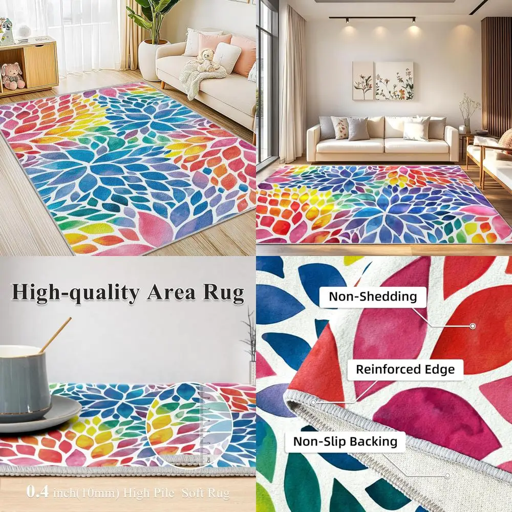 

Colorful 8x10 Kids Rainbow Dahlia Rug - Modern Multicolor Floor Mat, Machine Washable & Non-Slip