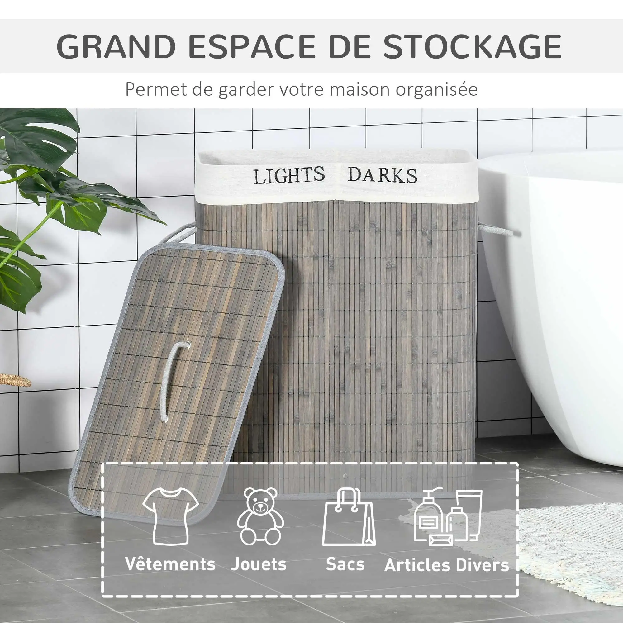 Panier à linge 100L avec 2 bacs bambou pliable couvercle poignée avec Sac amovible et lavable gris