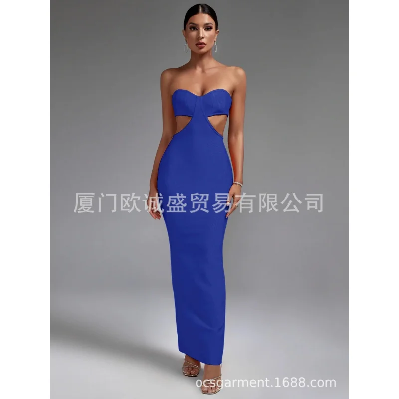 European and American Style Sexy Women's Wear Summer New Pure Color Tube-Top Hollow Backless Long Bandage One-Piec