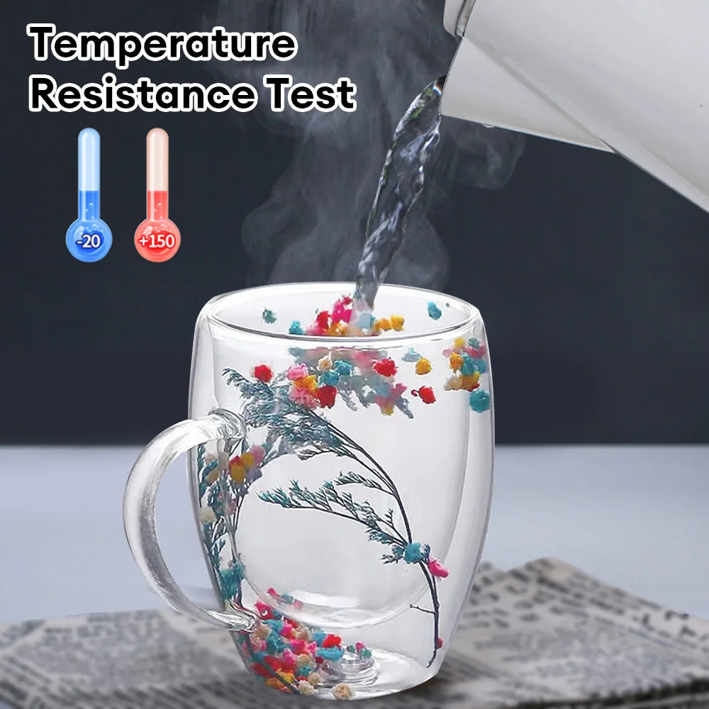 

350ML Dry Flower Glass Cup Creative Double Layers High Borosilicate Glass Cup Afternoon Tea Milk Coffee Drinking Cup