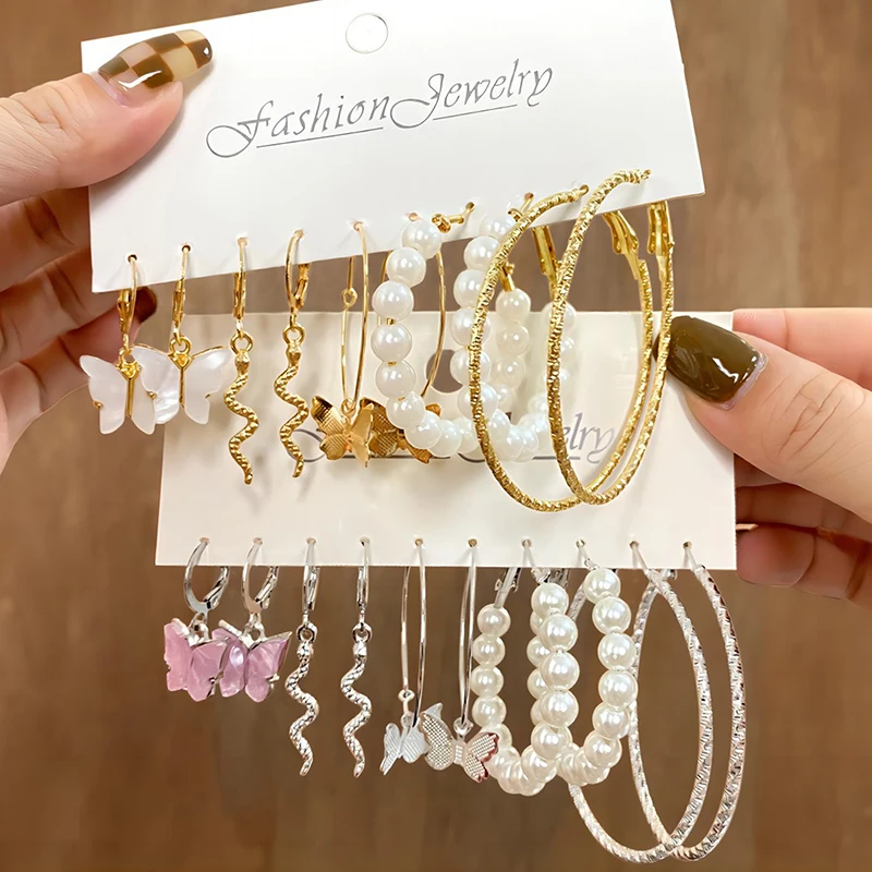 5Pairs Fashion Big Silver Color Round Circle Pearl Hoop Earrings For Girls Snake Butterfly Dangle Earring Set Female Jewelry