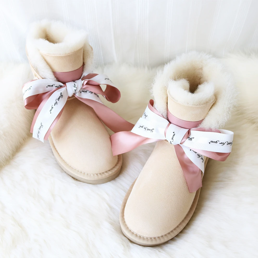 G&Zaco Luxury Winter Sheep Wool Boots Women 2023 Short Genuine Sheepskin Shoes Ribbon Bow Sweet Girl Student Boots Flat Shoes