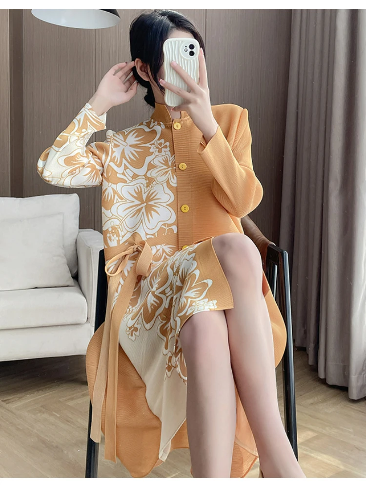 

Miyake Pleated Dress Women 2023 Spring/Autumn New Printed Cardigan Skirt Long-Sleeved Loose High Neck Mid-Length Black Dresses