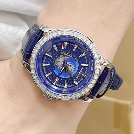 HANBORO Men Automatic Watch 44mm Mechanical Wristwatch Waterproof Rotation Earth Dial Crystal Bezel