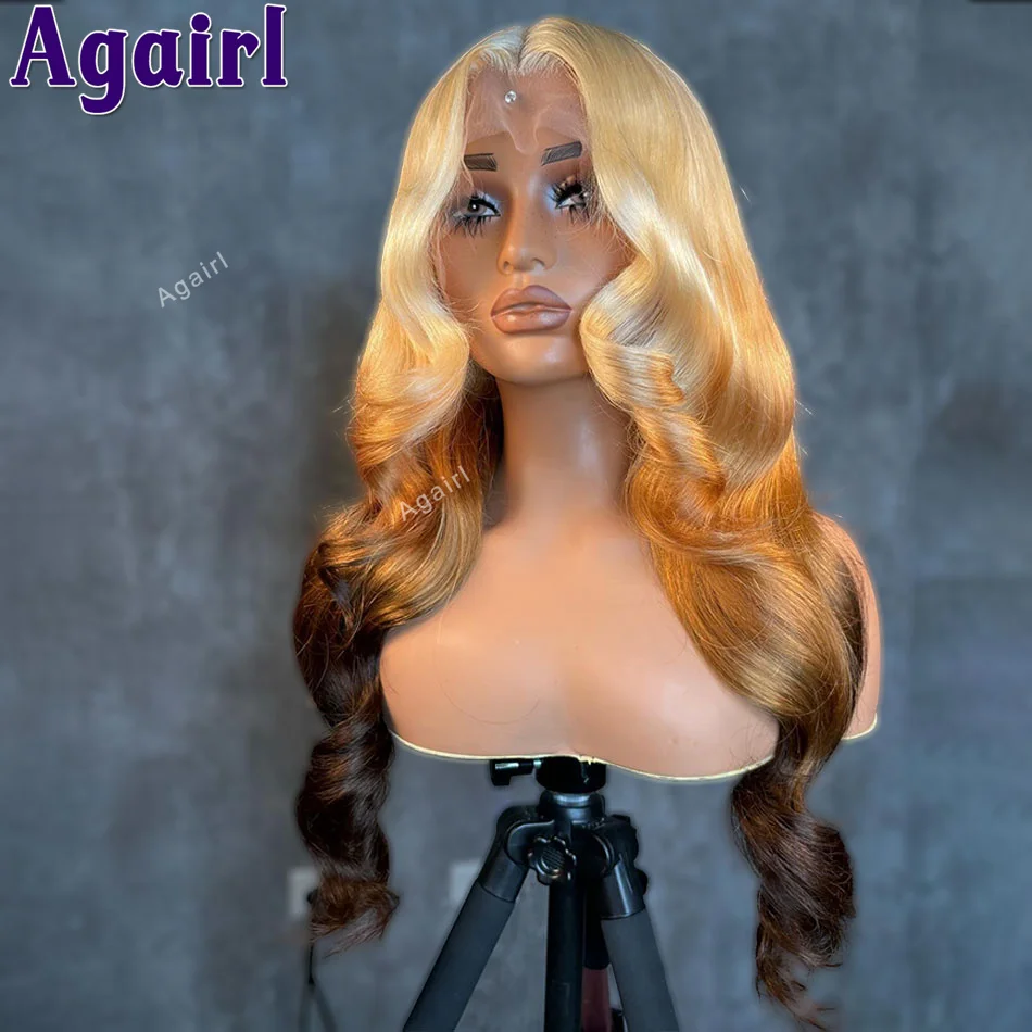 Ombre 613 coklat 13x6 Wig Frontal renda transparan Lace Body Wave Wig 613 Wig rambut manusia berwarna rambut Brazilian UNTUK WANITA HITAM