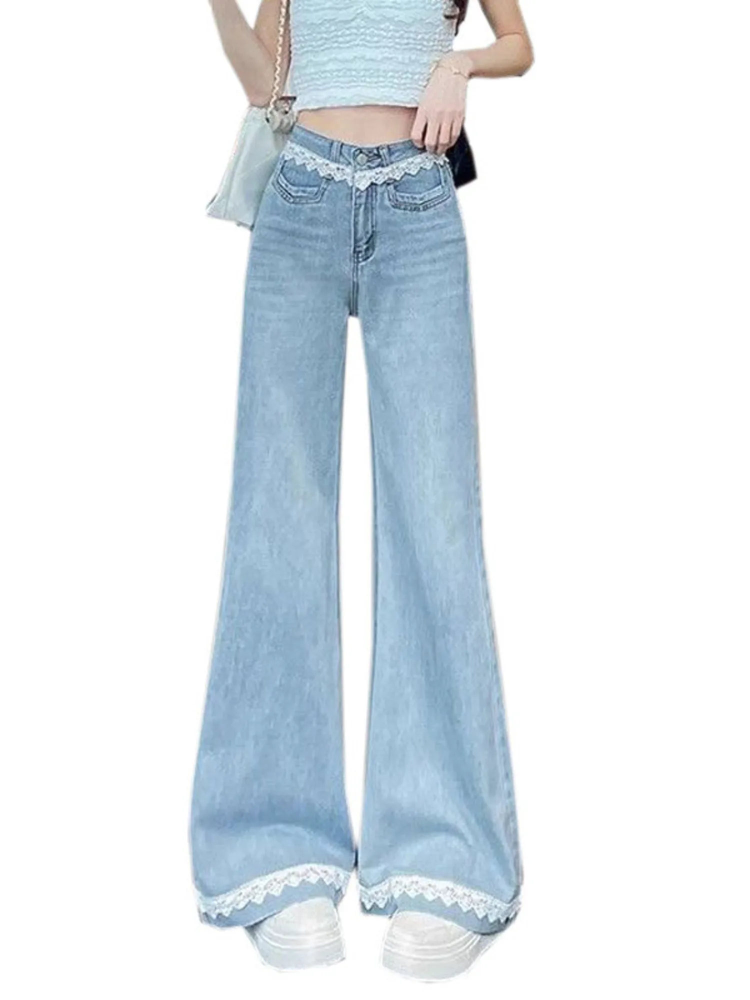 

Women's Light Blue Bootcut Jeans High Waist Lace Trim Vintage Y2K Flare Denim Pants