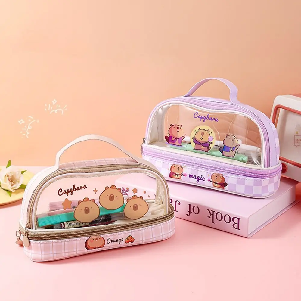 Cute Transparent Capybara Pen Bag Double-laye Student Stationery Stationery Storage Bag Large Capacity Pencil Bag