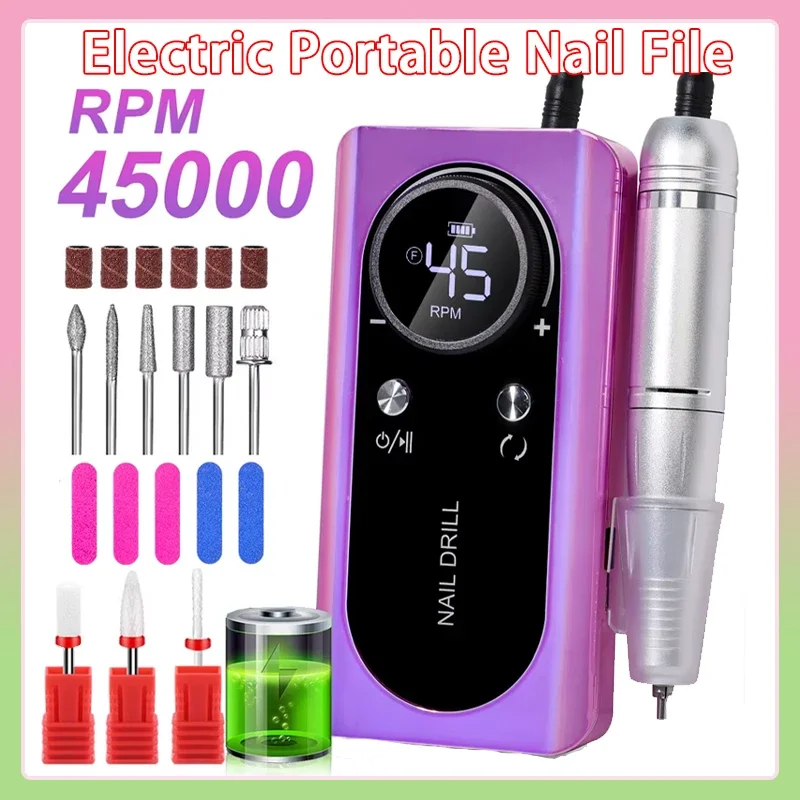 

45000RPM Nail Drill Machine Kit Rechargeable Electric Portable Nail Sander File for Gel Nails Polishing For Manicure Salon Home