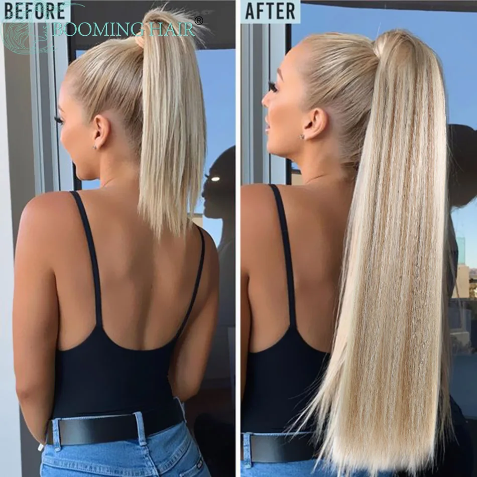 Rabo de cavalo reto longo com cordão, cabelo sintético, fibra resistente ao calor, clipe no cabelo falso, cauda de pônei lisa, 32in