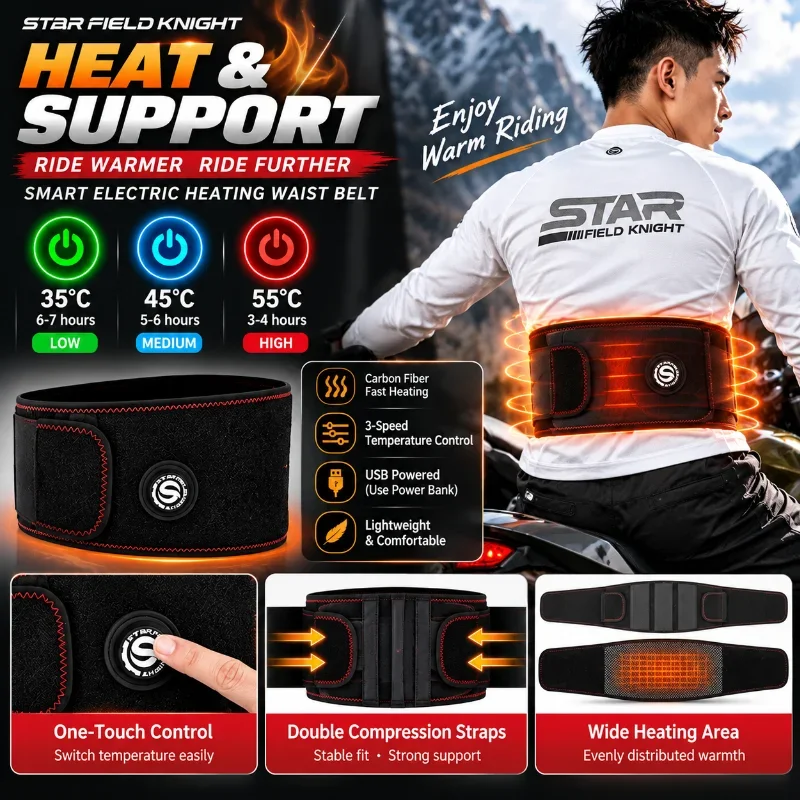 Electric Heated Waist Support Belt 3-Level Temperature Control USB Powered Winter Motorcycle Riding Warm LumbarBelt for MenWomen