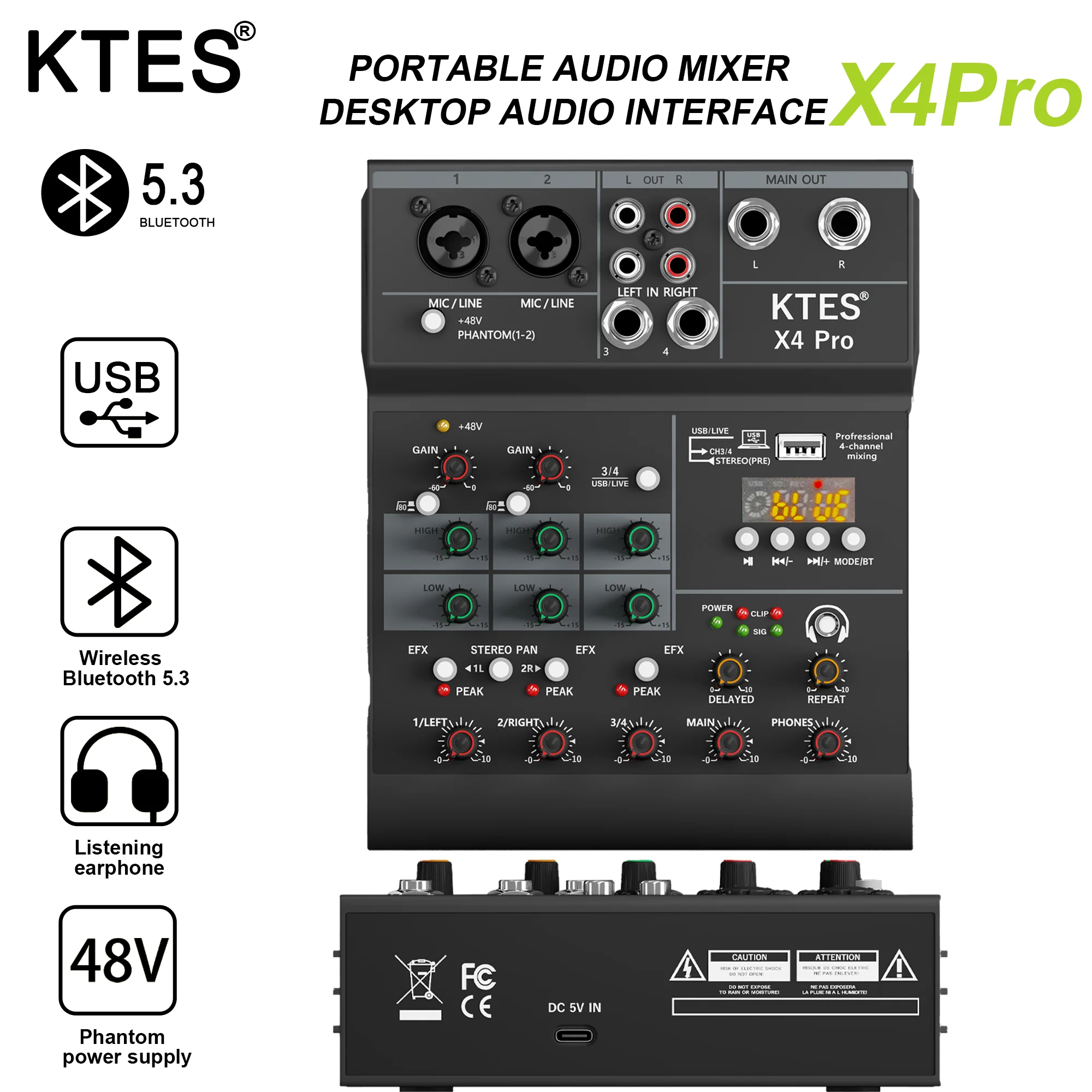 4-Channel Audio Mixer USB Audio Interface Sound Card with Bluetooth for Live Streaming Podcast Recording Home Studio